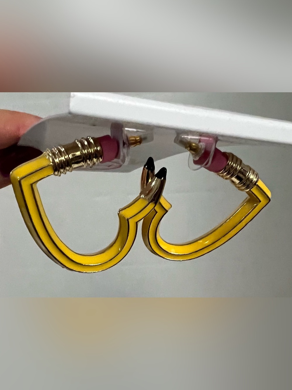 Betsey Johnson Yellow Pencil Heart Hoop Earrings with Pink Eraser - Picture 7 of 16